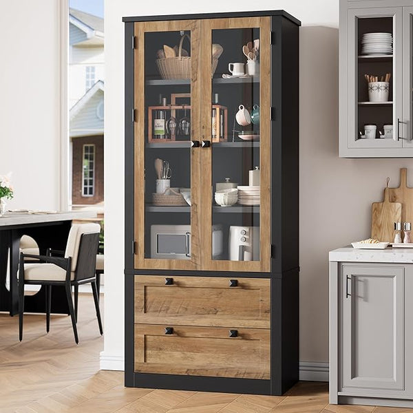 71" Tall Kitchen Pantry Cabinet with Glass Doors & Drawers