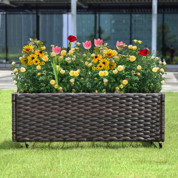 Raised Garden Bed with Wheels — 38" Rattan Wicker, Steel Frame, Drainage Hole