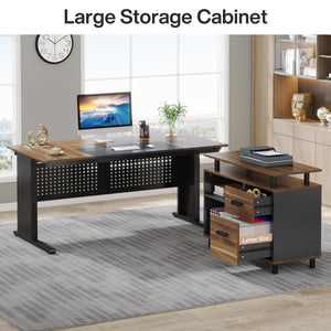 L-Shaped Executive Desk with File Cabinet & Storage Shelves
