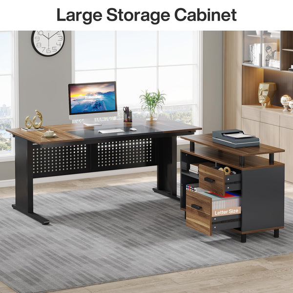L-Shaped Executive Desk with File Cabinet & Storage Shelves