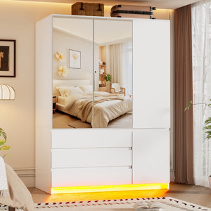 3-Door Wardrobe Closet with Mirror, LED Lights & Drawers