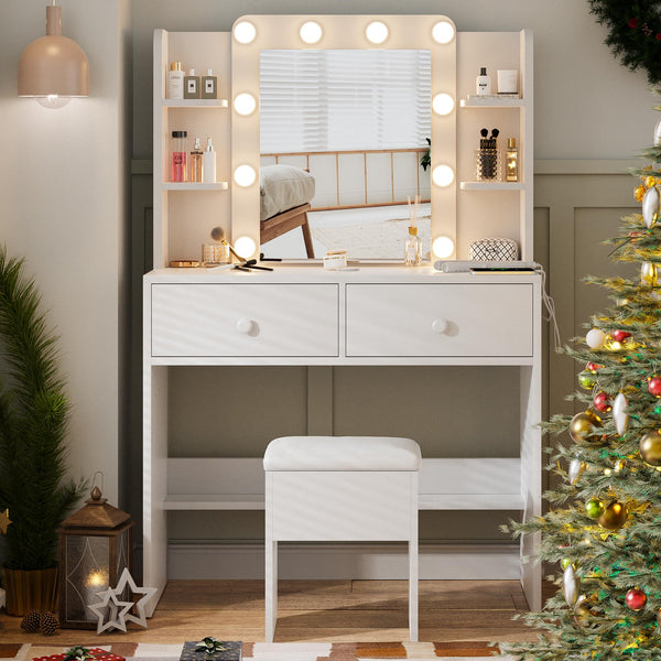 White Vanity Desk with Mirror and Lights