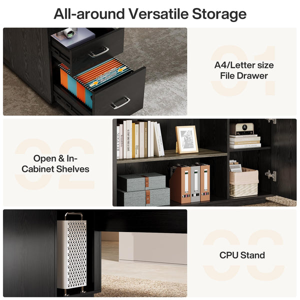 L-Shaped Executive Office Desk with File Drawers & Storage Cabinet