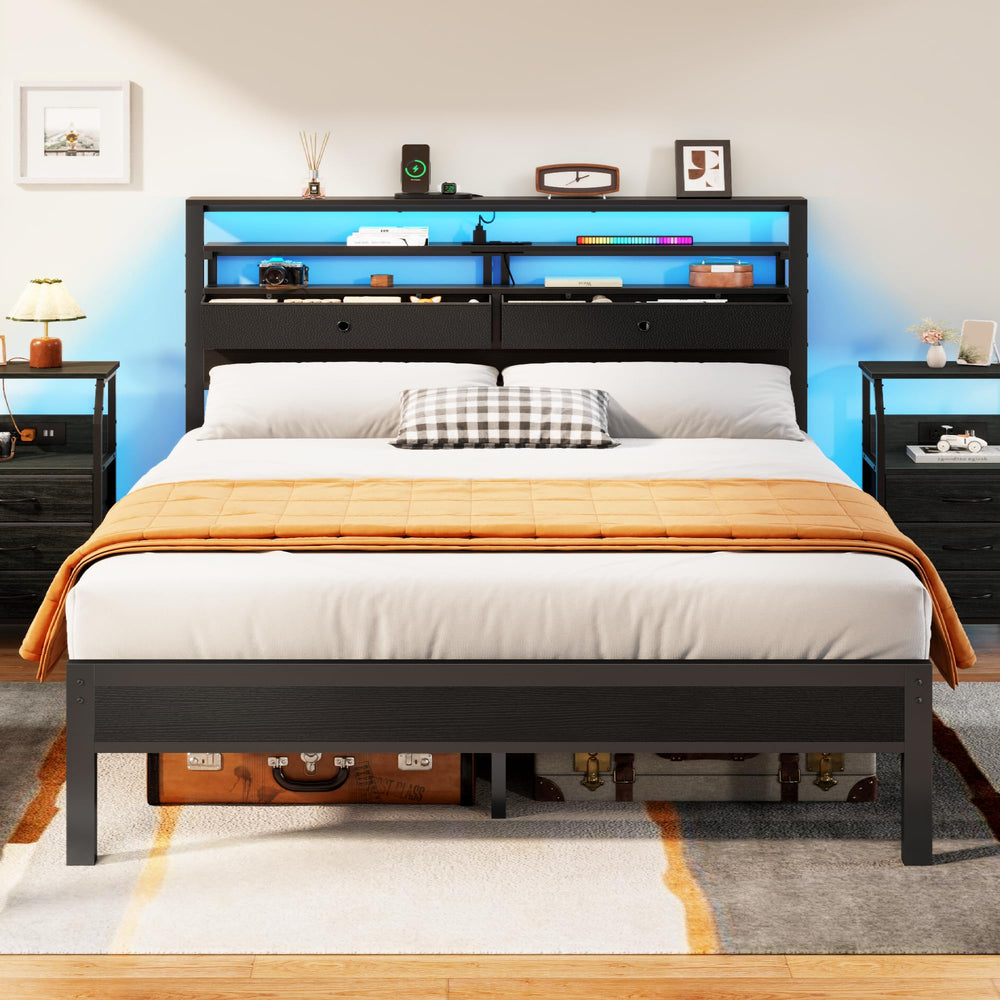 Full Size Platform Bed Frame with LED Lights, Charging Station & Storage Drawers