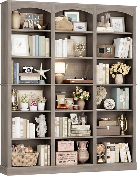 6-Tier Triple Wide Bookcase with Arched Design, 18 Open Shelves
