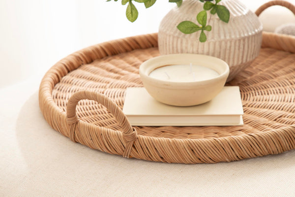 Round Woven Rattan Tray with Handles