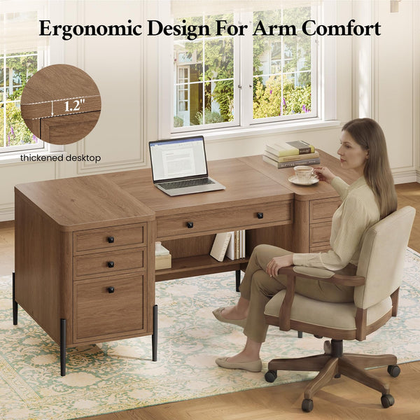 63-Inch Executive Desk with Drawers, Keyboard Tray & Storage Cabinets