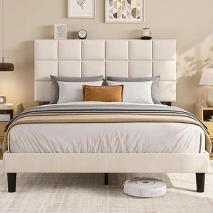 Queen Platform Bed Frame with Adjustable Upholstered Headboard