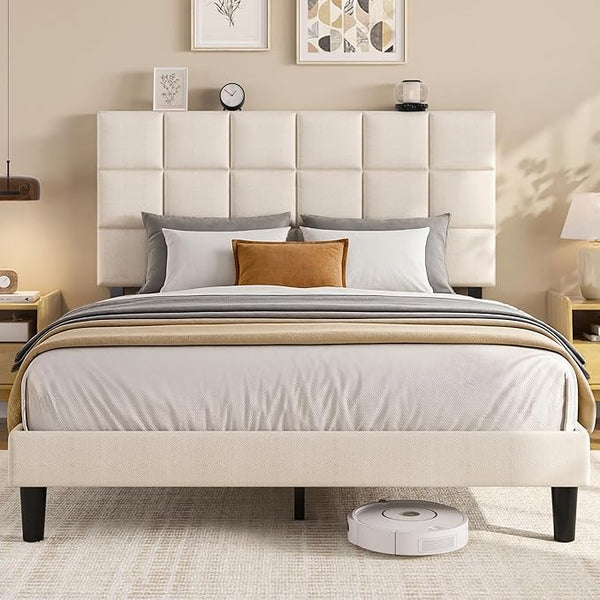 Queen Platform Bed Frame with Adjustable Upholstered Headboard