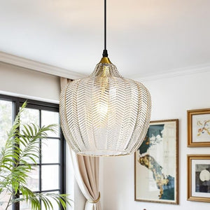 Amber Glass Pendant Light – Adjustable Gold Farmhouse Ceiling Fixture