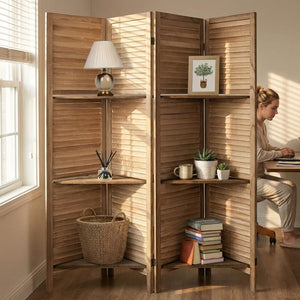4-Panel Folding Room Divider with Shelves