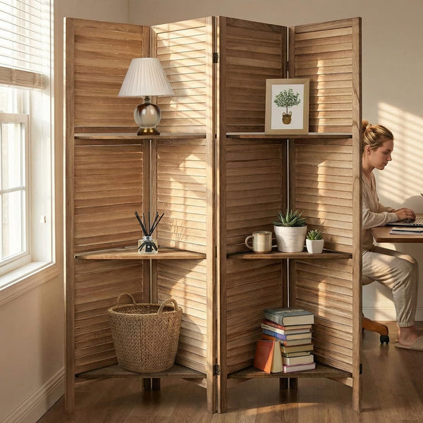 4-Panel Folding Room Divider with Shelves