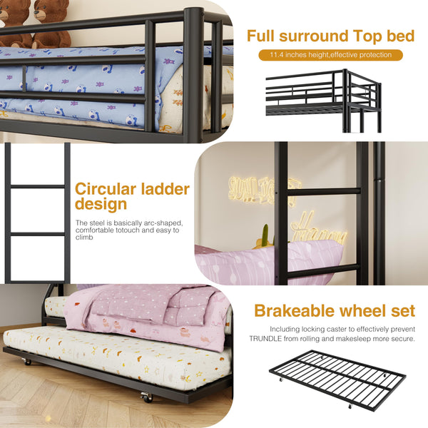 Metal Triple Bunk Bed with Trundle – Twin Over Full, Space-Saving Steel Frame