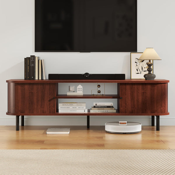 Mid-Century TV Stand with Sliding Doors & Hidden Storage