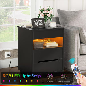 Nightstand with Charging Station, LED Light, Lockable Compartment & Drawers