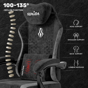 SUKIDA Fabric Video Gaming Chair, Ergonomic High-Back Computer Game Chairs with Large Massage Adjustable Lumbar Support, Headrest and Linked Armrests for Long Hours Sitting Task Chair, Black