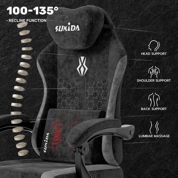 SUKIDA Fabric Video Gaming Chair, Ergonomic High-Back Computer Game Chairs with Large Massage Adjustable Lumbar Support, Headrest and Linked Armrests for Long Hours Sitting Task Chair, Black