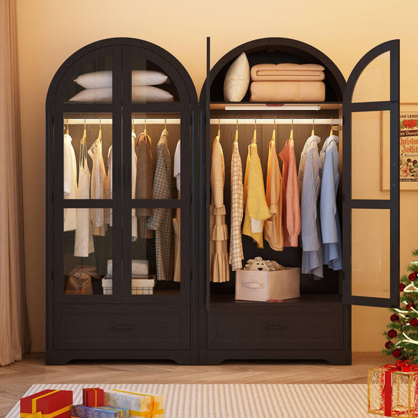 2-Door Arched Armoire Wardrobe with LED Light & Drawers