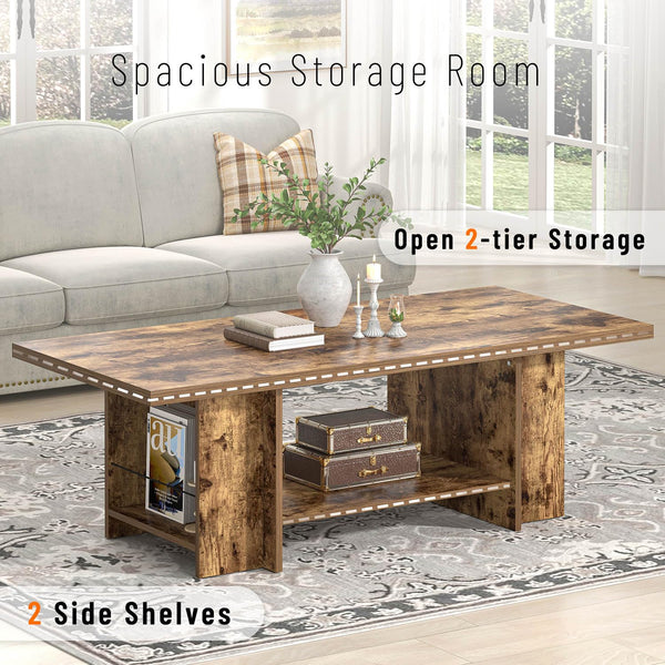 Rustic 2-Tier Coffee Table with Storage Shelves