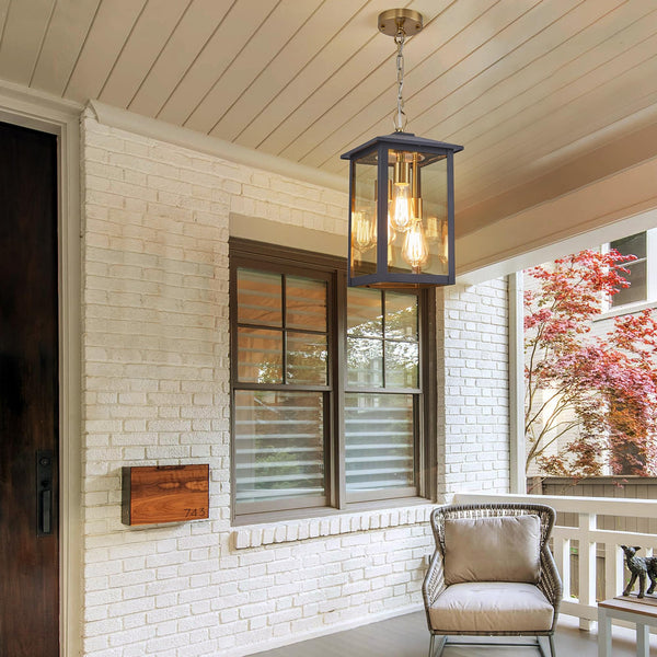 3-Light Outdoor Hanging Lantern Pendant – Farmhouse Black & Gold, Clear Glass