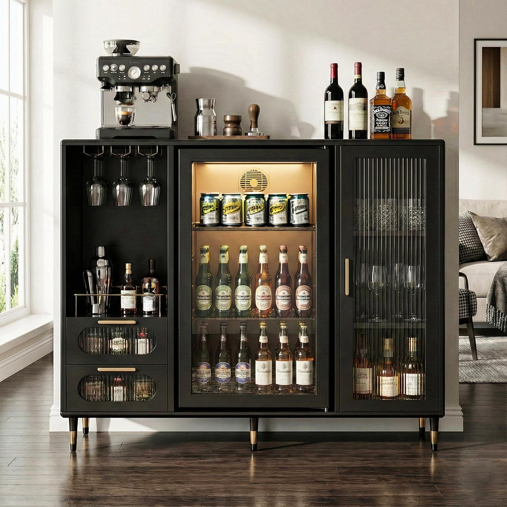 Steel Bar Cabinet with Fridge Space & Wine Glass Rack