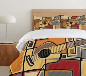 Queen Duvet Cover Set — Guitar Geometric Print, Pale Yellow, 3-Piece