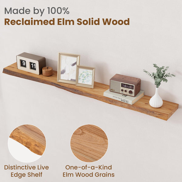 Live Edge Elm Wood Floating Wall Shelf 55 Inch
