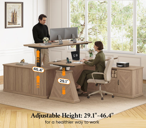 L-Shaped Electric Standing Desk with Storage & Power Outlets