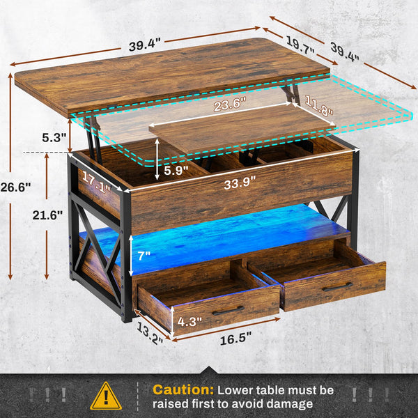 Lift Top Coffee Table with Storage, Drawers & LED Light