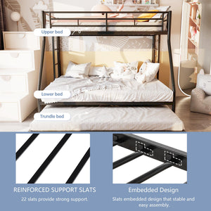 Twin Over Full Bunk Bed with Trundle – Metal Frame, Guardrails & Ladder