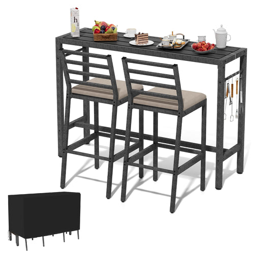 3-Piece Outdoor Patio Bar Set with Bar Table & 2 Cushioned Stools