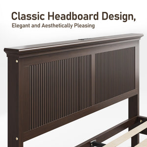 Solid Wood Bed Frame with Tall Headboard, Charging Station & RGB LED