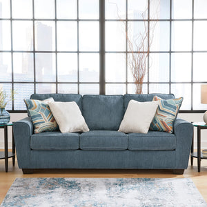 Blue Crosshatch Casual Sofa with Accent Pillows