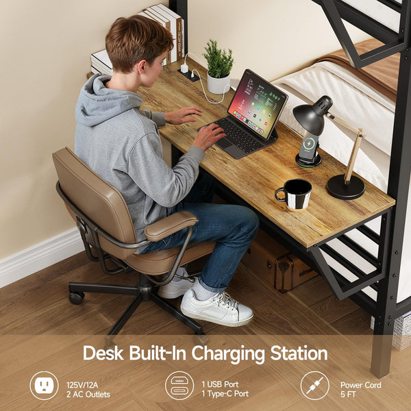 Twin Over Twin Metal Bunk Bed with Desk & Charging Station