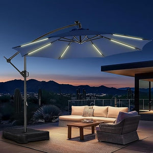 10 ft Offset Patio Umbrella with Solar LED Lights & Base