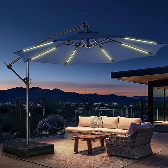 10 ft Offset Patio Umbrella with Solar LED Lights & Base