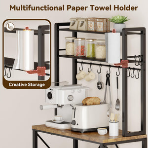 5-Tier Kitchen Baker's Rack with Storage, S-Hooks & Paper Towel Holder – Rustic Brown