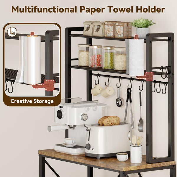5-Tier Kitchen Baker's Rack with Storage, S-Hooks & Paper Towel Holder – Rustic Brown