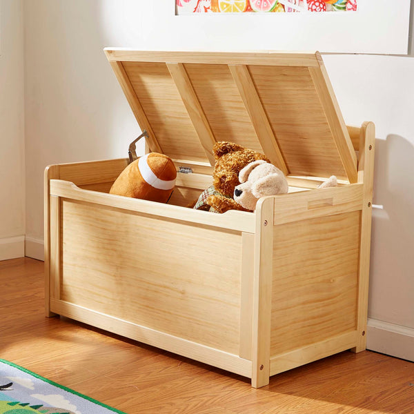 Wooden Toy Chest with Safety-Hinged Lid