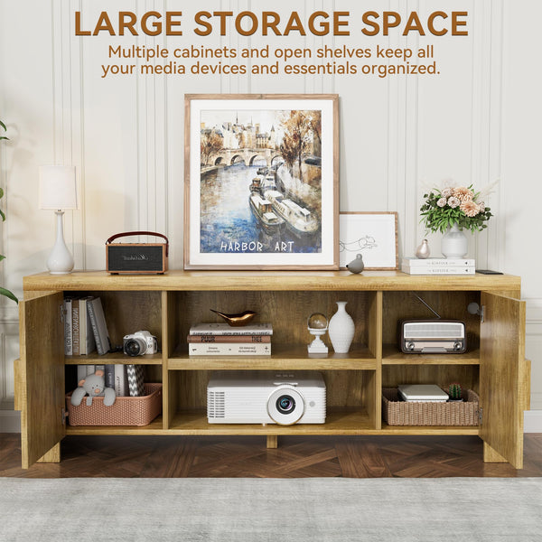70-Inch Farmhouse TV Stand with Power Outlets & Storage Cabinets