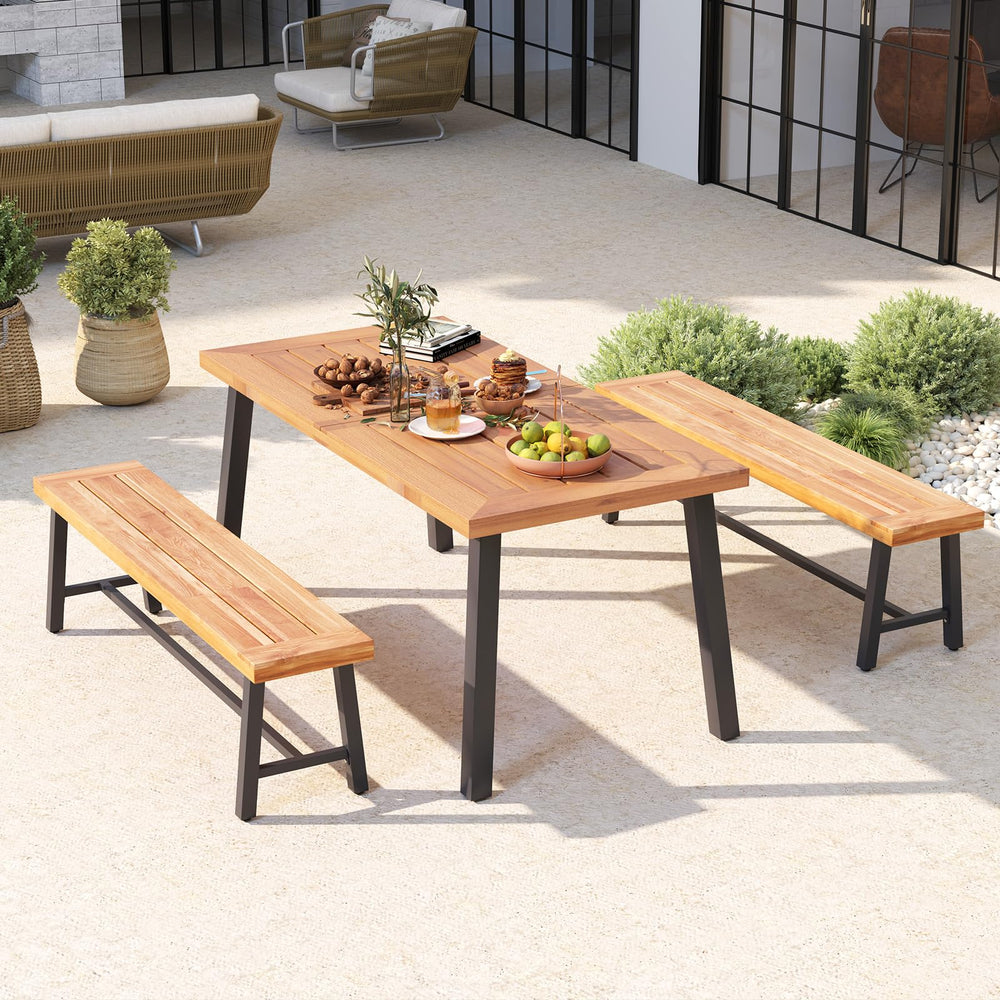 63-Inch Acacia Wood Outdoor Bench – 3-Person Patio Seat with Metal Frame