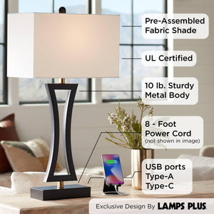 Modern Table Lamps with USB Ports – Set of 2, Black Metal, Rectangular Shade, 31" Tall