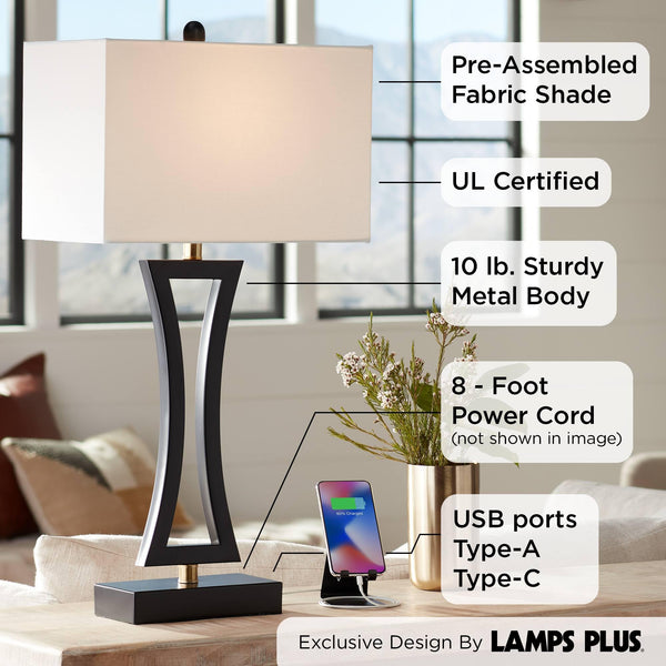 Modern Table Lamps with USB Ports – Set of 2, Black Metal, Rectangular Shade, 31" Tall