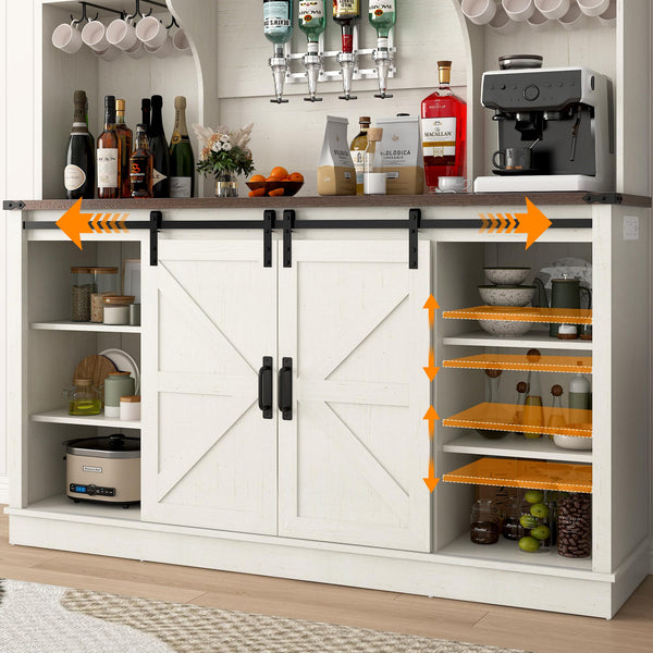 Farmhouse Coffee Bar Cabinet with LED Light & Sliding Barn Doors