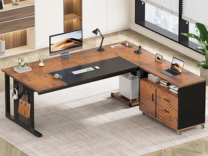L-Shaped Executive Desk with Rolling File Cabinet & Power Outlets