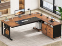L-Shaped Executive Desk with Rolling File Cabinet, Power Outlets, CPU Stand & Pegboard