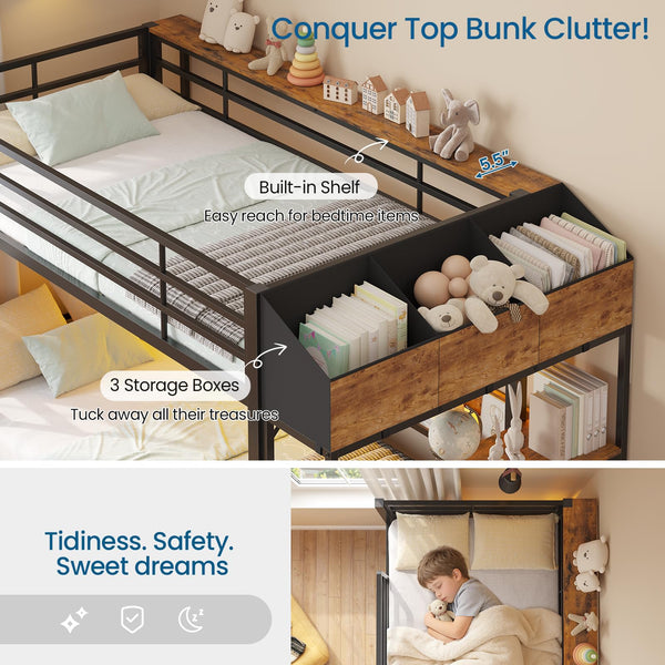 Twin Over Twin Bunk Bed with Storage, LED Lights & Charging Station