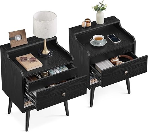 Nightstand Set of 2 with Hidden Drawer & Solid Wood Legs