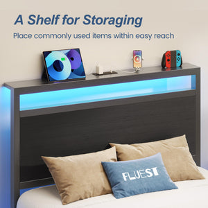 Metal Bed Frame with Storage Headboard, LED Lights & Charging Station