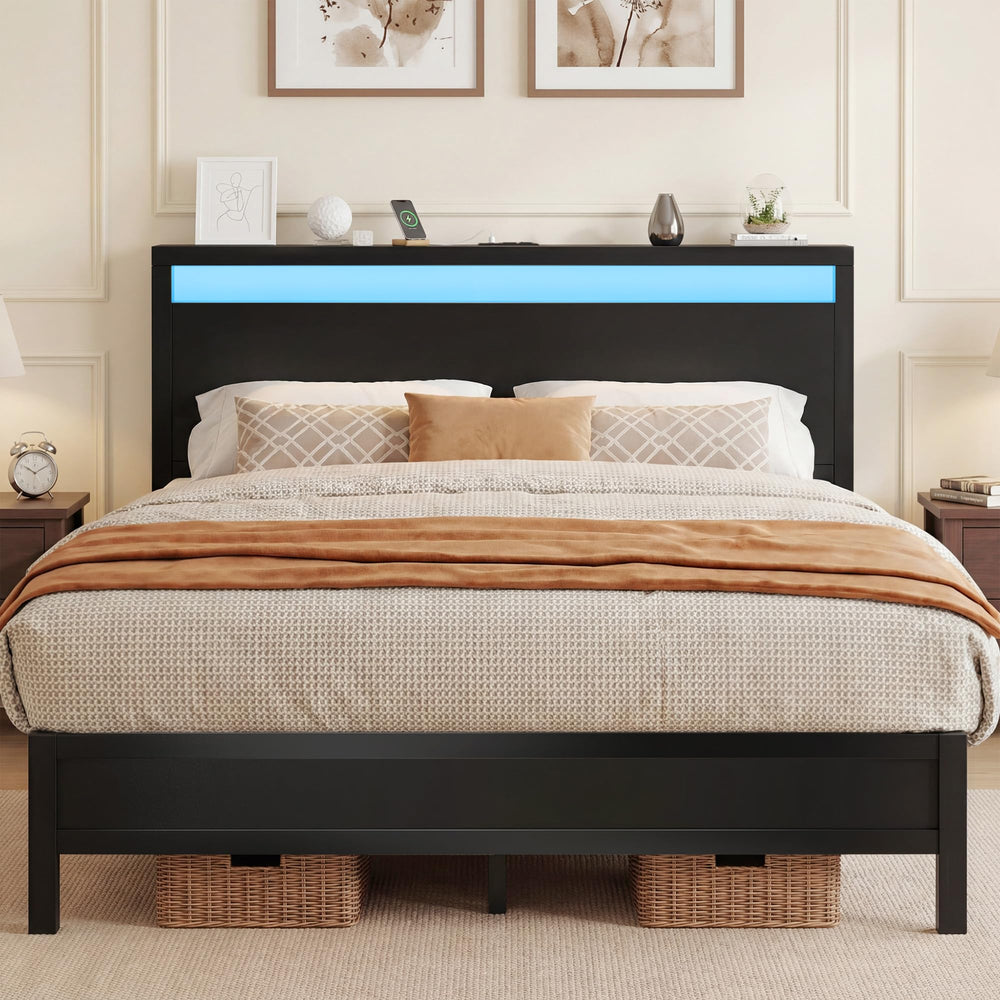 Queen Bed Frame with LED Headboard, Charging Station & Under-Bed Storage